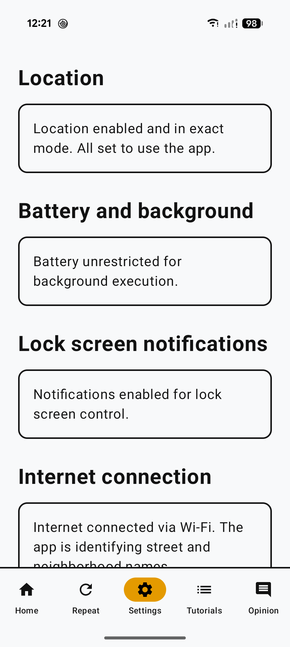 App Settings screen, with cards for location, background battery, notifications, and connection.