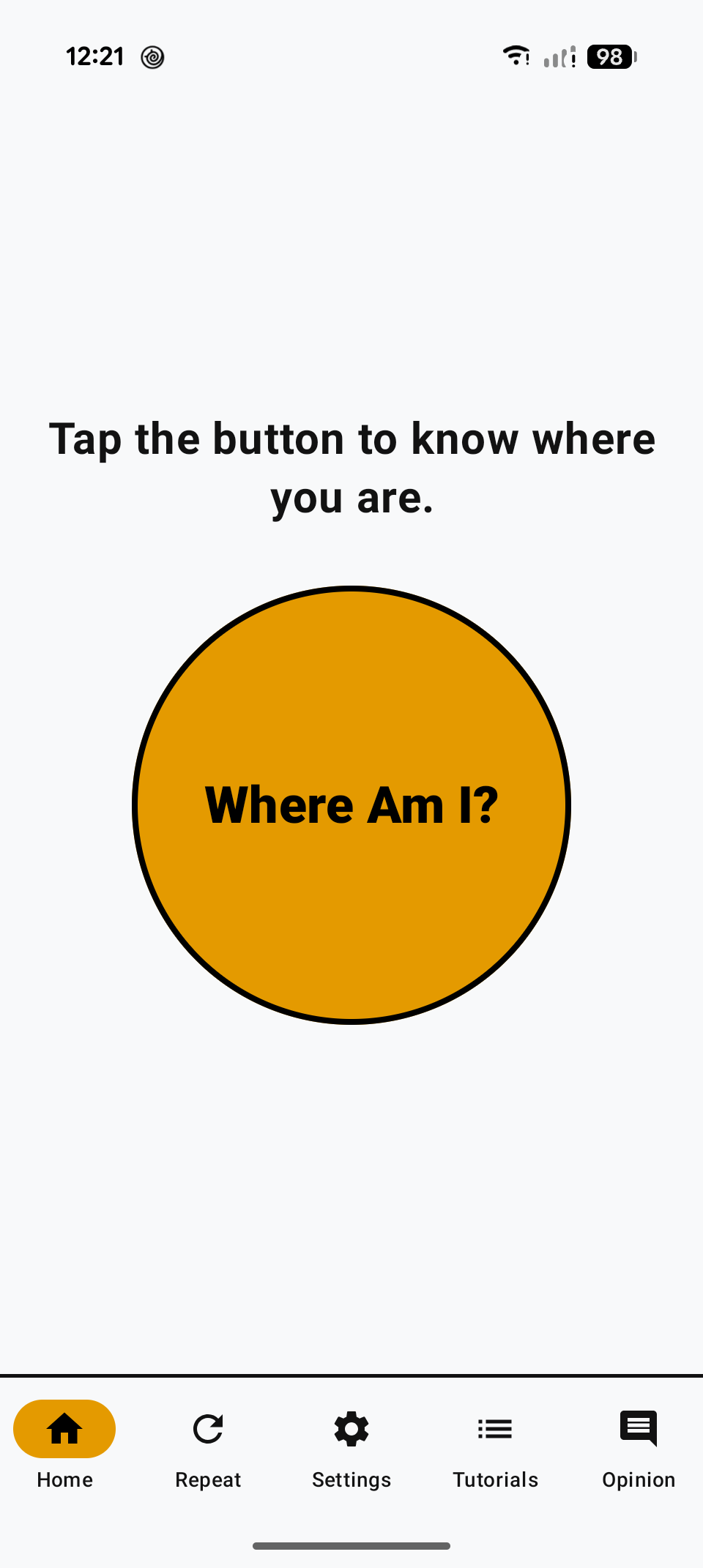 Onde Estou? home screen: a large button in the center and an invitation to tap and find out where you are.