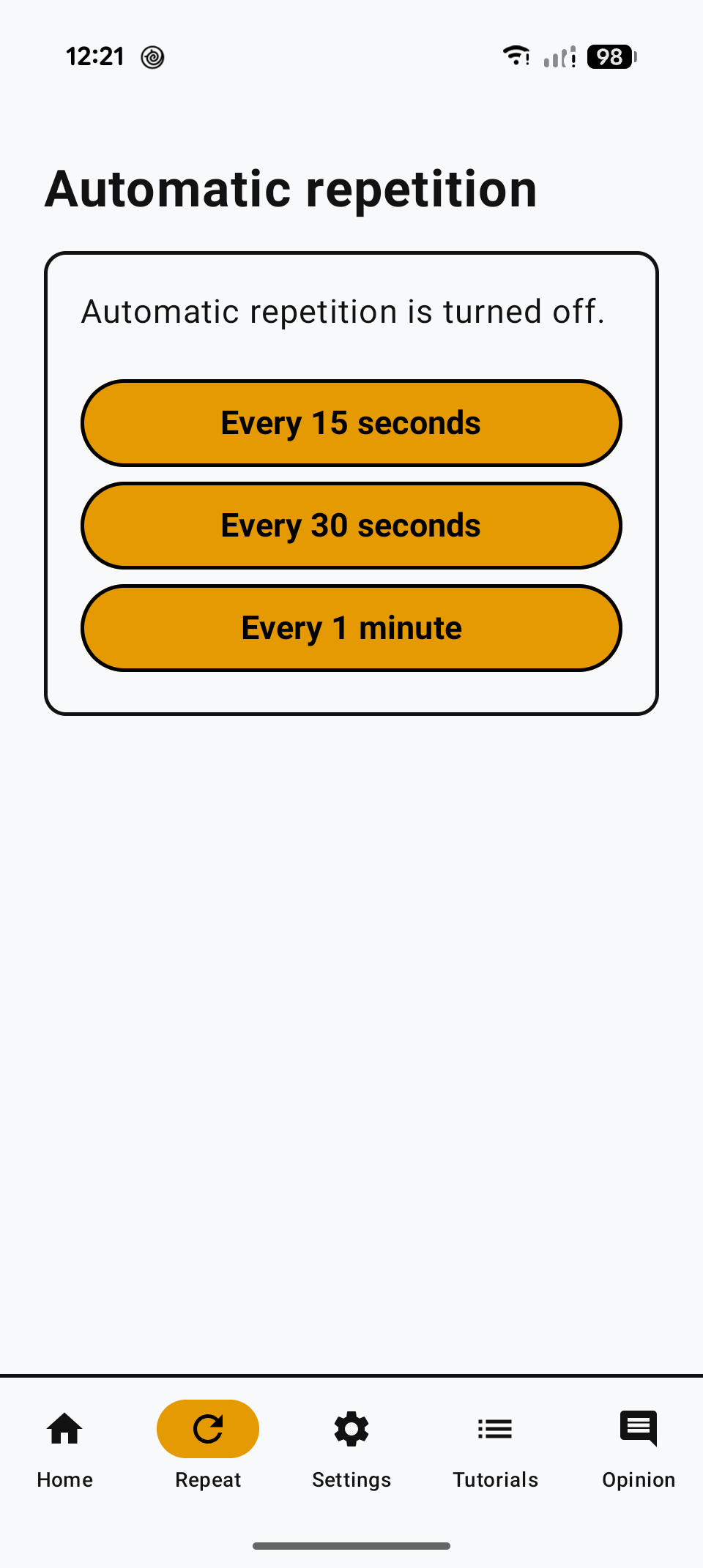 Automatic repeat screen, with buttons to hear the location every 15 seconds, 30 seconds, or 1 minute.