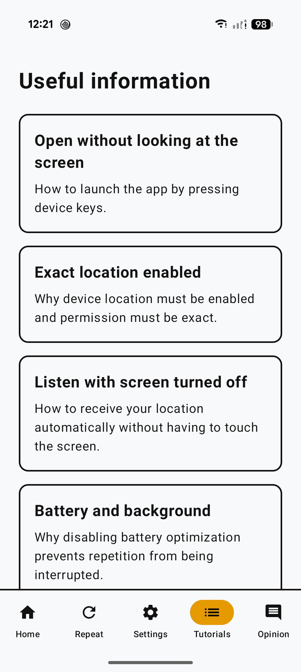 App tutorial list, with tips to open without looking at the screen, use precise location, and listen with the screen off.