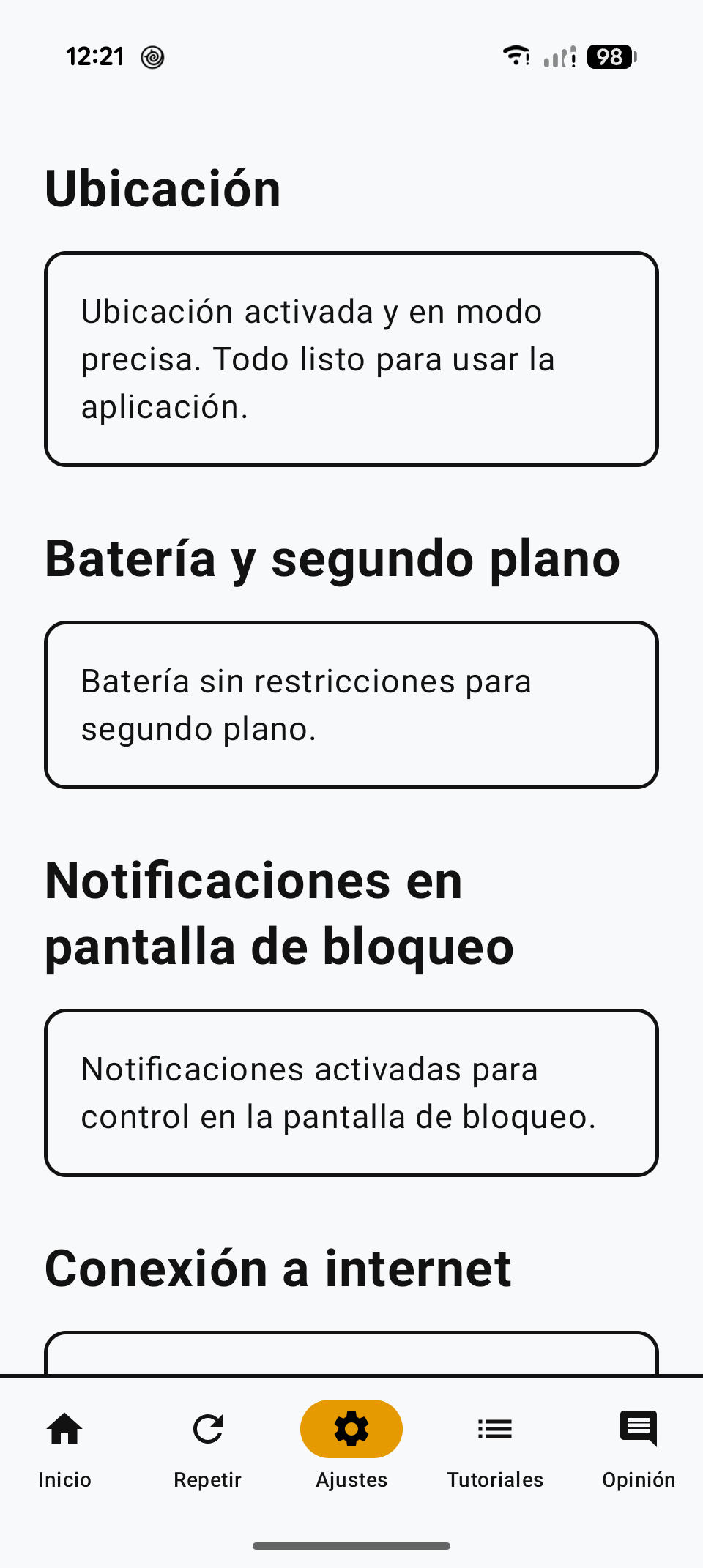 Pantalla de Ajustes de la aplicación, con tarjetas de ubicación, batería en segundo plano, notificaciones y conexión.