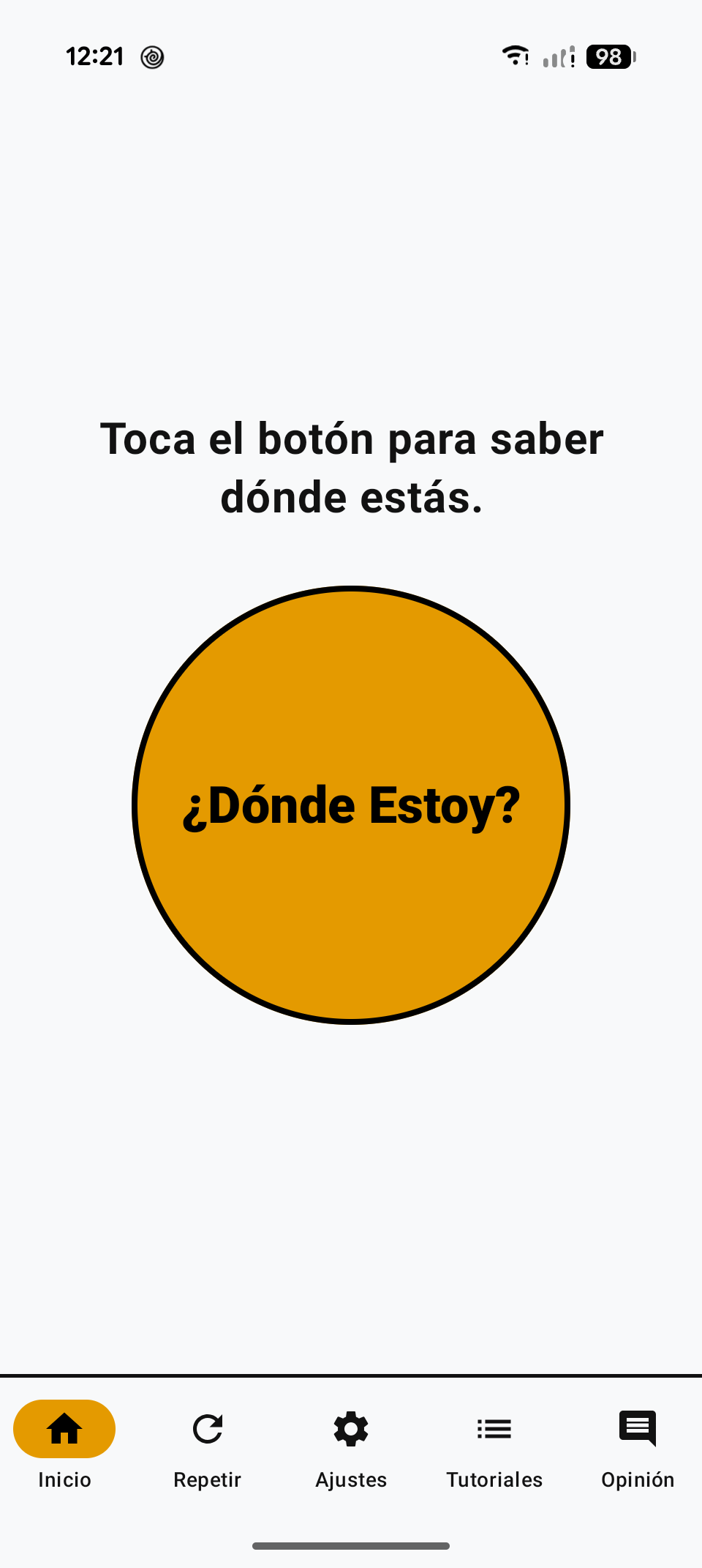 Pantalla inicial de Onde Estou?: un botón grande en el centro y la invitación a tocar para saber dónde estás.
