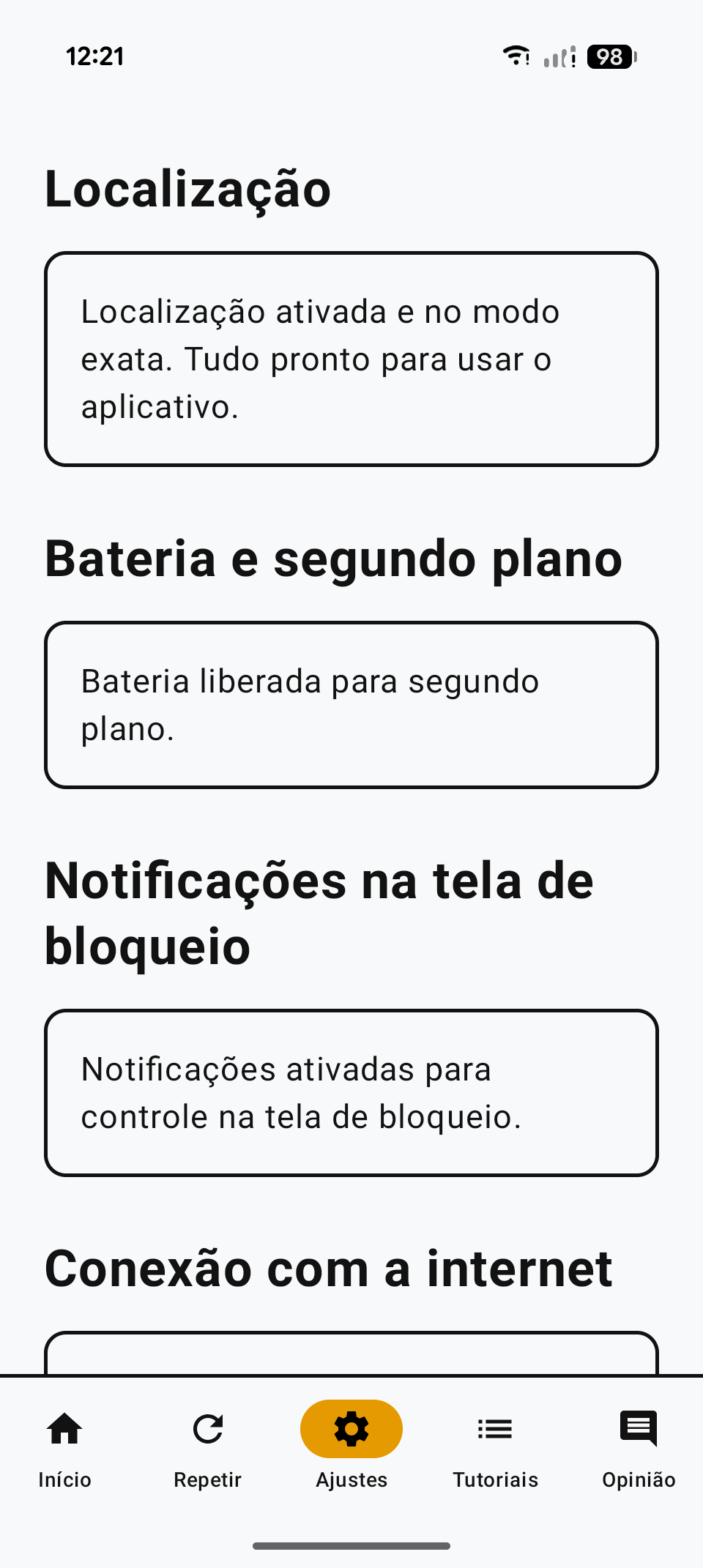 Tela de Ajustes do aplicativo, com cartões de localização, bateria em segundo plano, notificações e conexão.