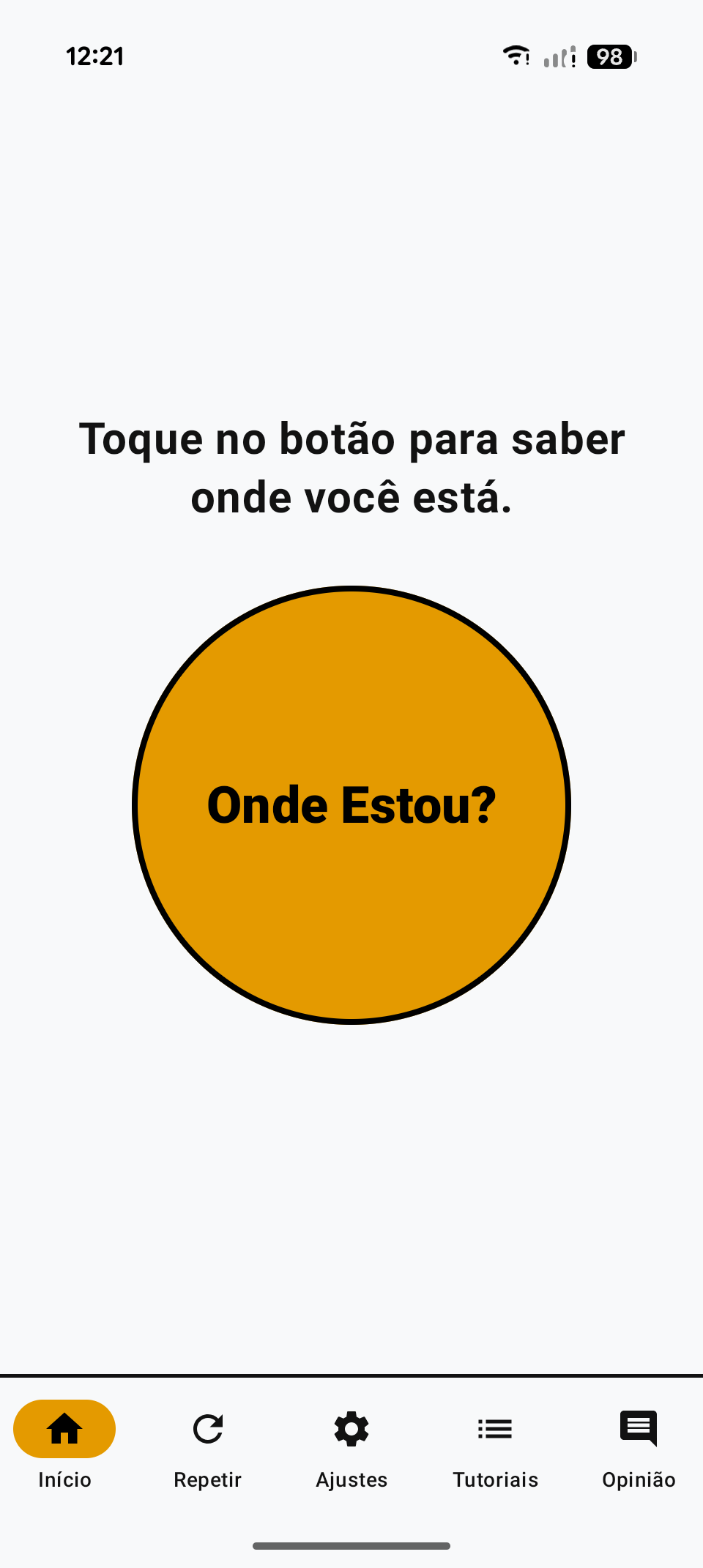 Tela inicial do Onde Estou?: um botão grande no centro e o convite para tocar e saber onde você está.