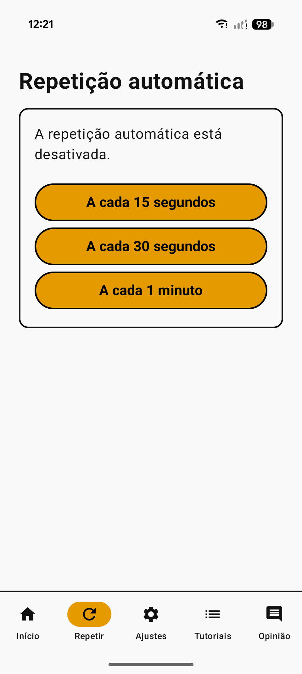 Tela de repetição automática, com botões para ouvir a localização a cada 15 segundos, 30 segundos ou 1 minuto.